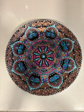 Hand-Painted Mandala Wall Plate in Teal, Pink & Gold
